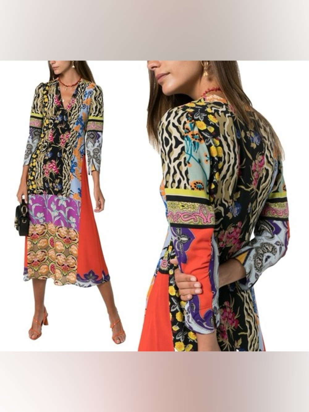 Etro multicolored floral red side panel maxi dress with a v-shaped neckline